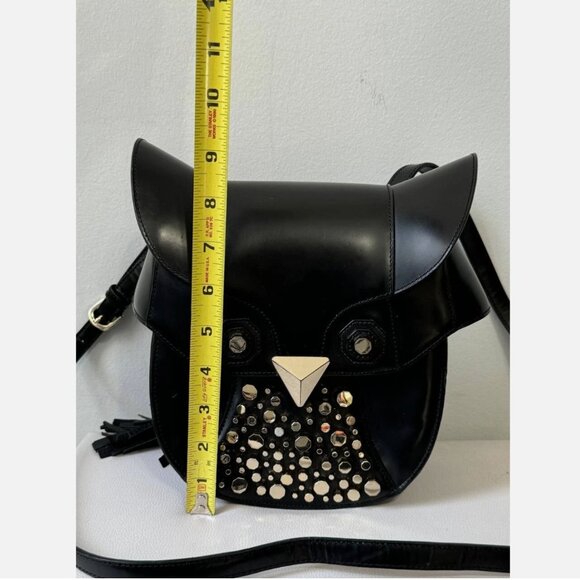 LUANA Italy Minerva Black Leather Studded Tassel Witch Wise Owl Crossbody Bag - Picture 8 of 9
